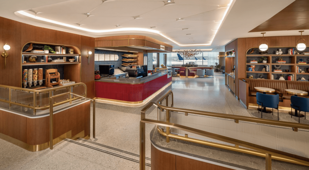 a room with a counter and a railing